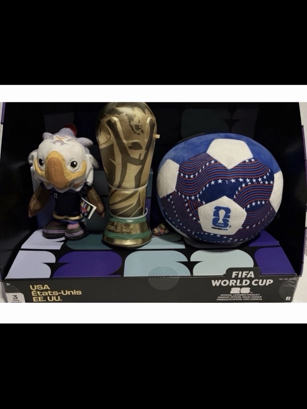 FIFA World Cup 26 USA Plush 3 Pack Set Eagle Trophy Soccer Ball Jazwares New USA